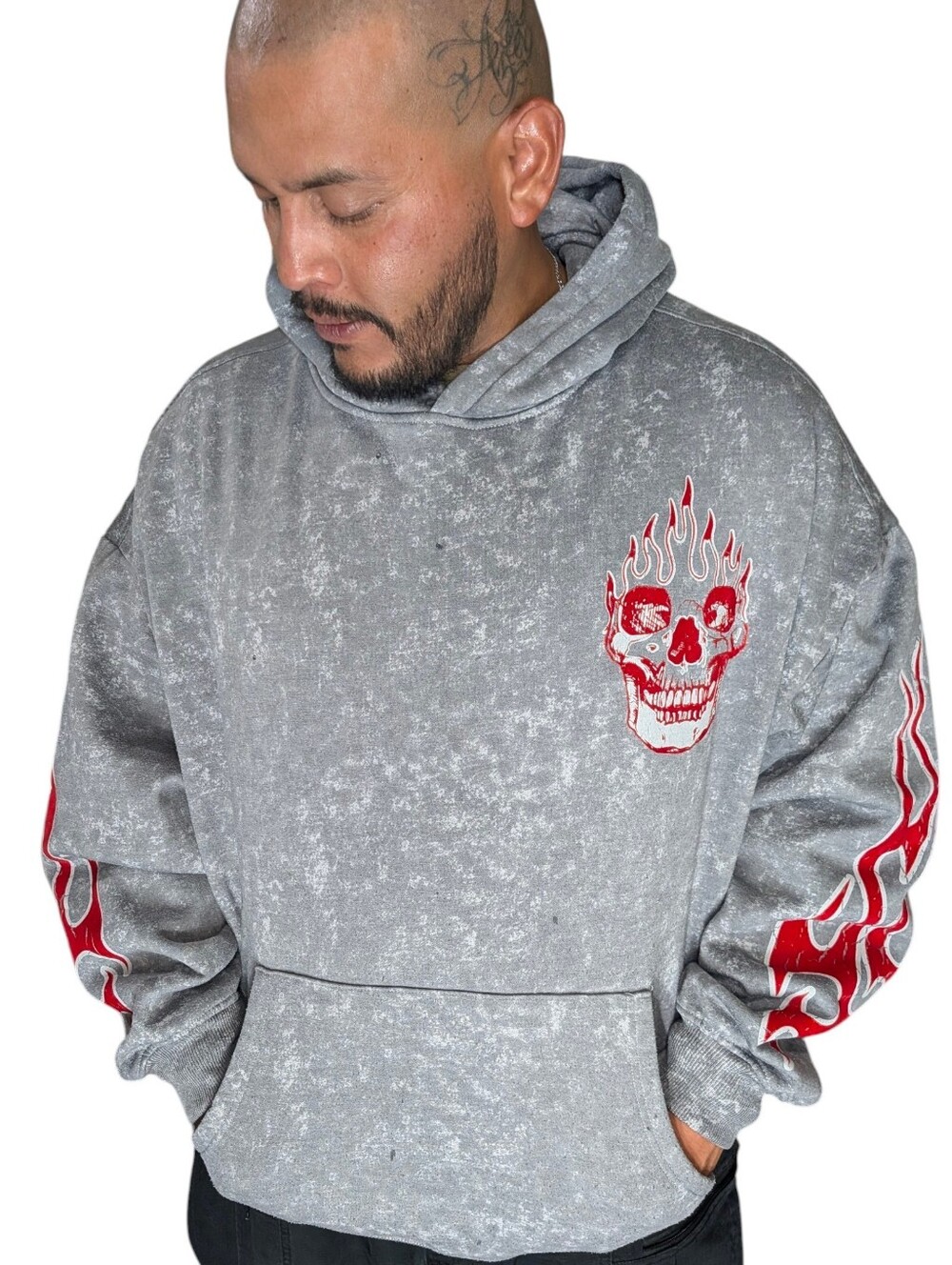 REBEL MINDS Grey Flaming Skull Graphic Pullover Hoodie Size 2XL Streetwear